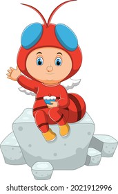 The boy with the fly costume is sitting on the sugar cubes of illustration