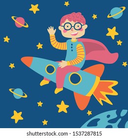 Boy fly on a rocket and waving hand. Superhero Kids Concept. Colorful vector illustration in cartoon style on background of space.