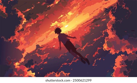 a boy fly on the sky , illustration