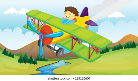 A boy and a flying airplane