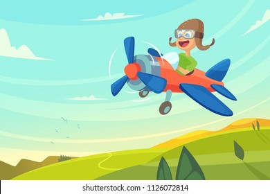 Boy flying in airplane. Funny cartoon illustration. Airplane flying, pilot cheerful vector