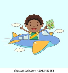 Niño volando en avión, ilustración vectorial