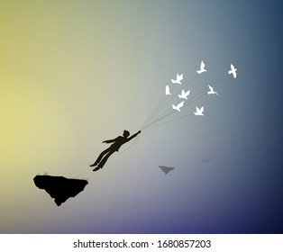 boy is flying away and holding pigeons, fly in the dreamland, fly away in your dream to the heavens, shadows, life on flying rock, silhouette.