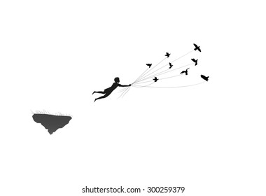 boy  is flying away and holding pigeons, fly in the dream land, shadows, life on flying rock, silhouette.