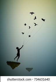 Boy  Is Flying Away And Holding Pigeons, Fly In The Dream Land,fly Away To The Sun, Shadows, Life On Flying Rock, Silhouette.