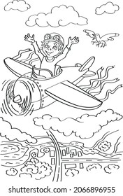 boy flying biplane in the clouds drawing