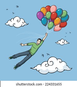 Boy flying carried by multicolored balloons through the sky