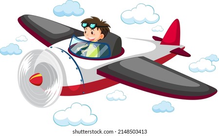 Boy flying cute airplane in the sky illustration