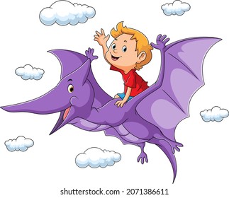 The boy is flying with the dinosaur pteradonon of illustration