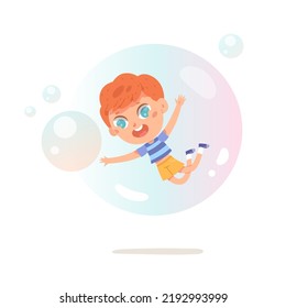 Boy flying inside big soap bubble vector illustration. Cartoon isolated happy adorable little kid playing with soapy foam sphere in summer game, child blowing ball. Imagination and childhood concept