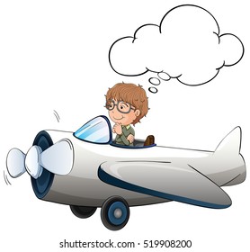 Boy flying jet plane in the sky illustration