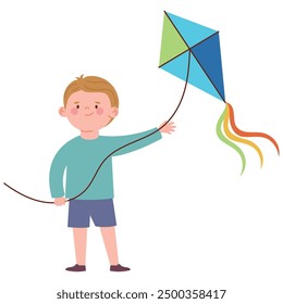 boy flying kite cartoon isolated