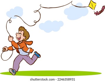 boy flying a kite cartoon vector