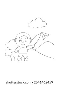 boy flying kite grassy field hill