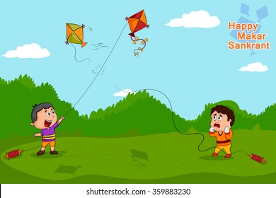 Boy Flying Kite For Happy Makar Sankrant In Vector