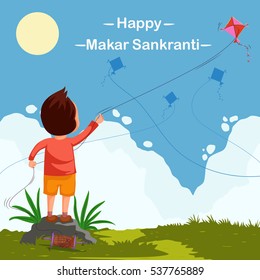 Boy Flying Kite For Happy Makar Sankrant In Vector