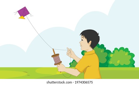 A boy is flying a kite - illustration