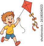 Boy flying a kite illustration. A happy child runs while holding a red kite string. Great for children’s content, outdoor activities, summer scenes, and playful cartoon designs.