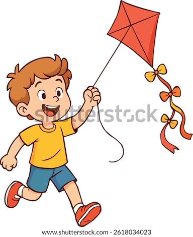 Boy flying a kite illustration. A happy child runs while holding a red kite string. Great for children’s content, outdoor activities, summer scenes, and playful cartoon designs.
