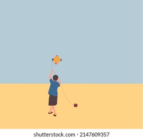 Boy flying the kite on summer holiday vacation. Vector flat concept illustration, hand drawn sketch.