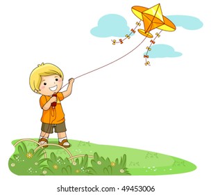 Boy Flying Kite in the Park - Vector