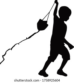 a boy flying kite, silhouette vector
