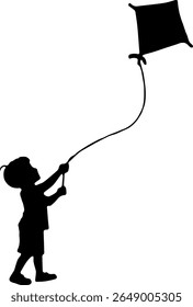 Boy Flying Kite Silhouette Vector Black Childhood Clipart on White Background