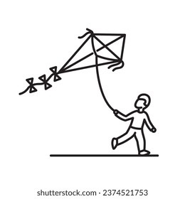 Boy flying a kite vector line icon for National Kite Flying Day on February 8