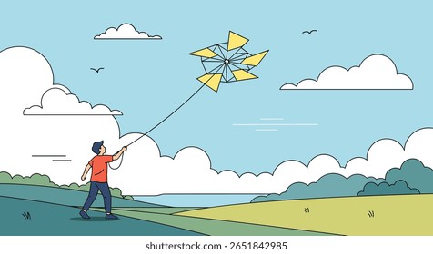 Boy Flying a Large Geometric Kite on a Sunny Day with Clouds and a Lake in the Background