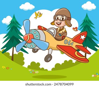 boy flying on airplane in the sky. cartoon kid pilot on plane. flying adventurer boy full of excitement and curiosity. vector smiling aviator plane travel