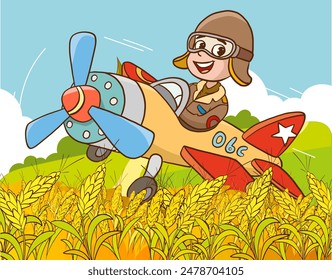 boy flying on airplane in the sky. cartoon kid pilot on plane. flying adventurer boy full of excitement and curiosity. vector smiling aviator plane travel