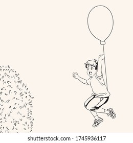 boy flying on balloon coloring vector illustration