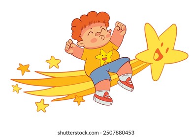 Boy flying on a comet. Concept design. Colorful cartoon characters. Funny vector illustration. Isolated on white background