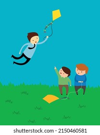 the boy is flying on a kite, believe in your goal, do not let it out of your hands, children with a kite