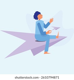 boy flying on a paper plane journey of success vector design clean and unique latest illustration