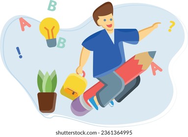 The boy is flying on a pencil with a school bag in his hand.