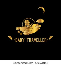 Boy flying on plane vector logo design template. Toy airplane illustration a