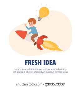 Boy flying on a rocket, fresh idea, vector illustration. A bright yellow light bulb shows the idea that has emerged. Card for children and educational projects. Simple drawing in flat cartoon style.