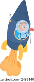 Boy flying on rocket. Kid astronaut. Space exploration