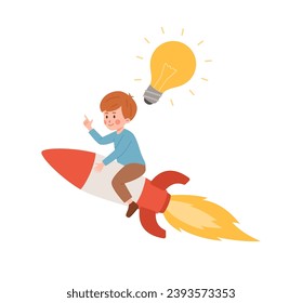 Boy flying on a rocket, vector illustration on white. A bright yellow light bulb shows the idea that has emerged. Picture for children's and educational projects. Simple drawing in flat cartoon style.