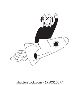 Boy flying on space rocket. Vector outline illustration on white background.