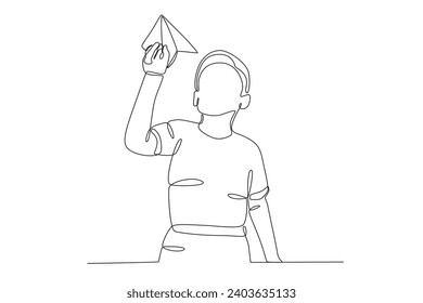 A boy flying a paper plane in the air. Paper plane one-line drawing