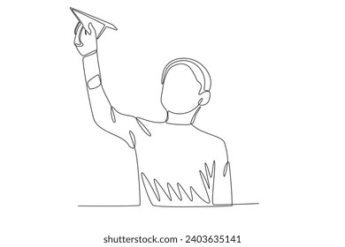 A boy flying a paper plane. Paper plane one-line drawing