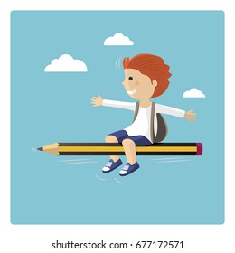 Boy flying in a pencil through the sky