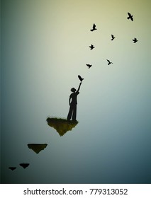 boy  and flying pigeons, fly in the dream land,fly away to the sun, shadows, life on flying rock, silhouette.