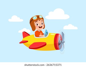 Boy Flying a Plane in the Sky with Clouds in Cartoon Illustration Style