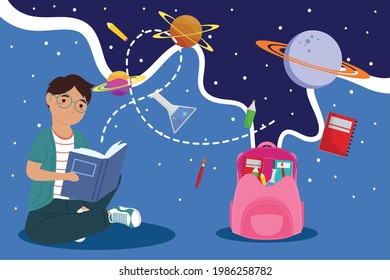 boy flying reading book character