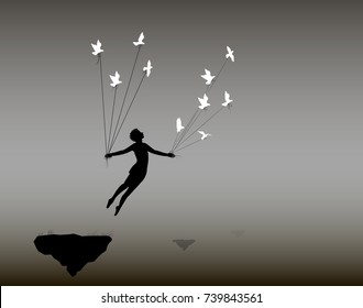 boy is flying rock and holding pigeons on flying rock, little prince, fly in the dream, shadows, life on flying rock, silhouette.