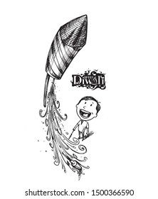Boy flying rocket - Indian festival diwali celebration.- Hand Drawn Sketch, Vector Background.
