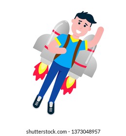 Boy flying with rocket jetpack like a super hero pilot flat style design vector illustration isolated on white background. Young male person with flaming jetpack on his back. 